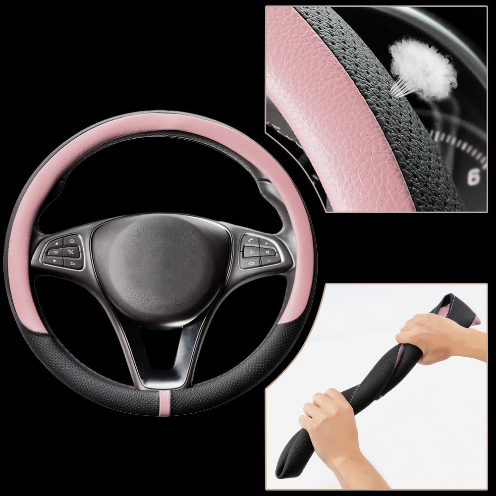 COFIT Breathable Car Steering Wheel Cover 15 inch Auto Universal Leather Wrap Non-Slip Steeringwheel Protector Automotive Interior Accessories, Pink (Suit for 14.5-15 inch)