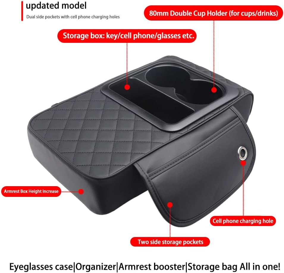 Universal Car Armrest Cushion Organizer - PU Leather Center Console Pad with Cup Holder, Phone Storage & Side Pockets, Multifunctional Armrest Cover for Most Vehicles