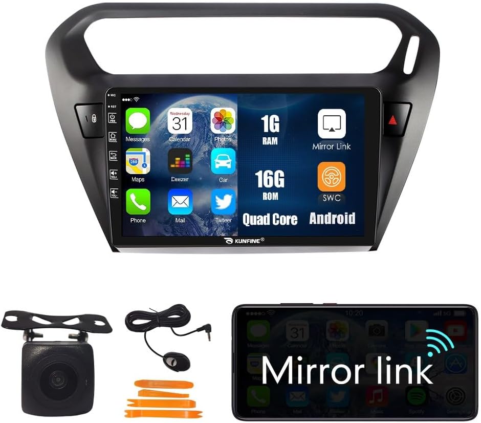 Kunfine Car Android Navigation Stereo GPS Radio Reverse Camera Display 9" IPS Touchscreen Headunit Tablet Pad Media Player for Peugeot 301 2013-2022, if Applicable Quad Core 1G+16G Matte Black