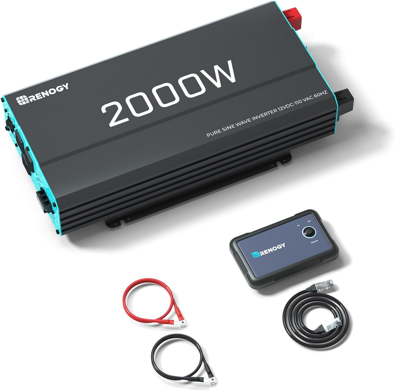 Renogy Inverter P2 2000W Pure Sine Wave Inverter 12V DC to 110V AC Converter, Off-Grid Solar Power Inverters for Vehicles, Truck, RV, Home, with Built-in 5V/2.1A USB / Hardwire Port, Remote Controller