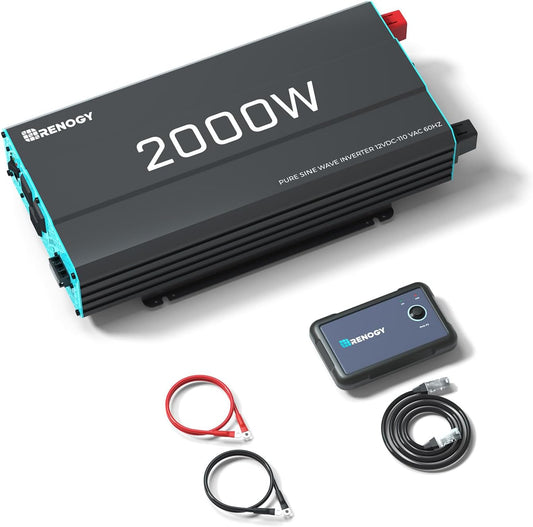 Renogy Inverter P2 2000W Pure Sine Wave Inverter 12V DC to 110V AC Converter, Off-Grid Solar Power Inverters for Vehicles, Truck, RV, Home, with Built-in 5V/2.1A USB / Hardwire Port, Remote Controller