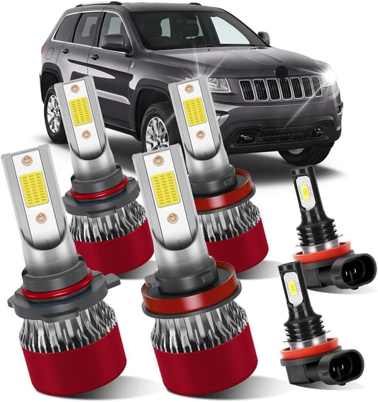 for Jeep Grand Cherokee 2014 2015 2016 9005 High Beam H11 Low Beam H11 Fog Light Bulb 6PCS/1PACK Car Light Bulbs 800% Brightness IP68 Waterproof/Dustproof Car Light Bulbs