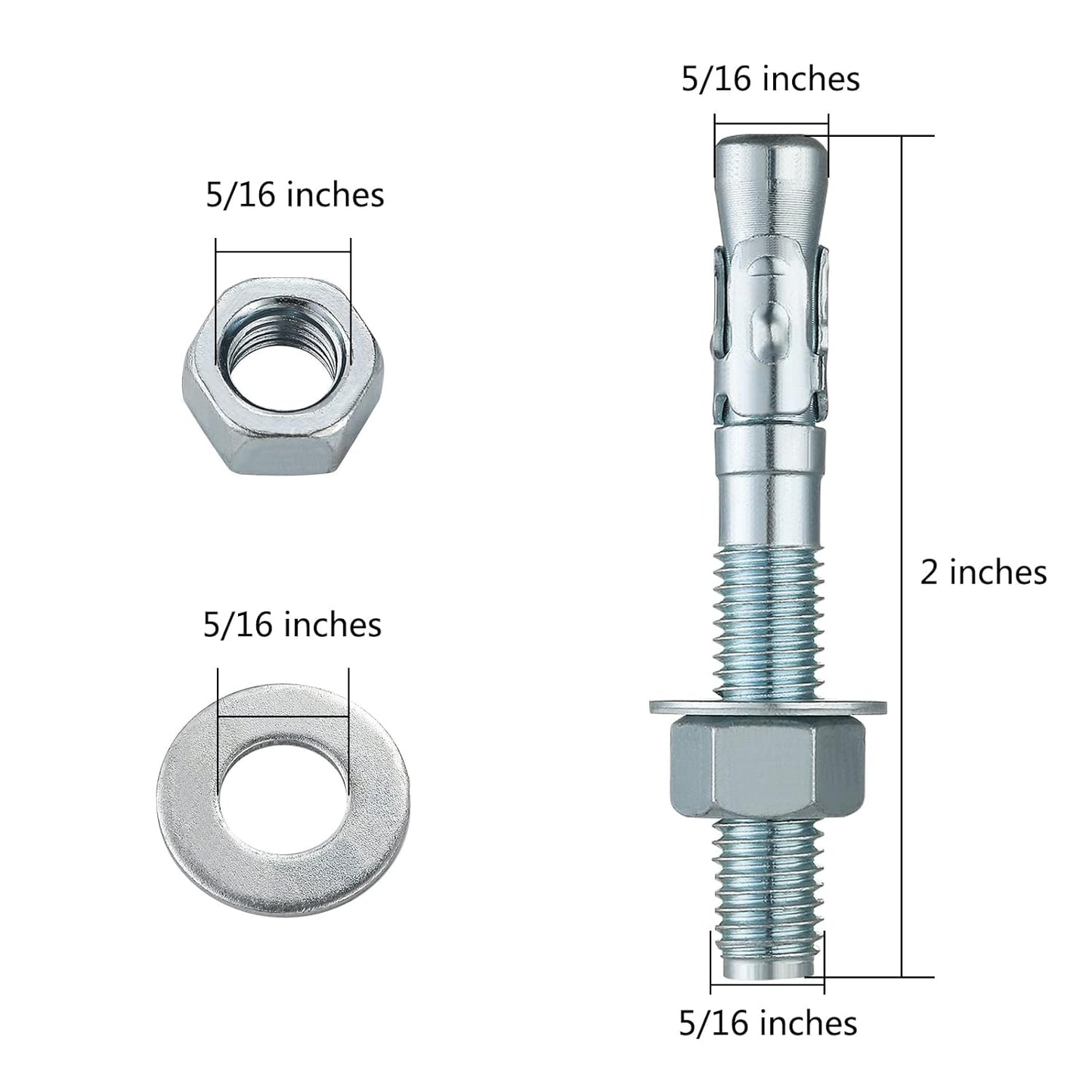 5/16x2" 30Pcs Inch Standard Fasteners for Heavy-Duty Zinc Wedge Anchors for Cement and Concrete