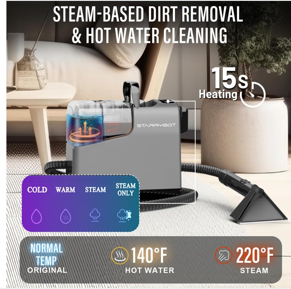Portable Carpet Cleaner Machine with Steam and Heating Techology,15Kpa Powerful Suction with Versatile Tools for Pets, Couch, Car,Self-Cleaning, Compact Spot Cleaner for Stairs/Furniture/Rug