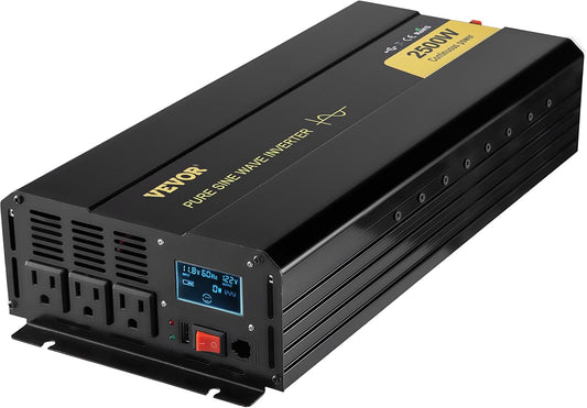 VEVOR 2500W Pure Sine Wave Inverter, 12V DC to 120V AC Car Inverter, 3 AC Outlets, USB Port, LCD Display, Remote Controller, Black, for RV Truck Car Solar System Travel Camping