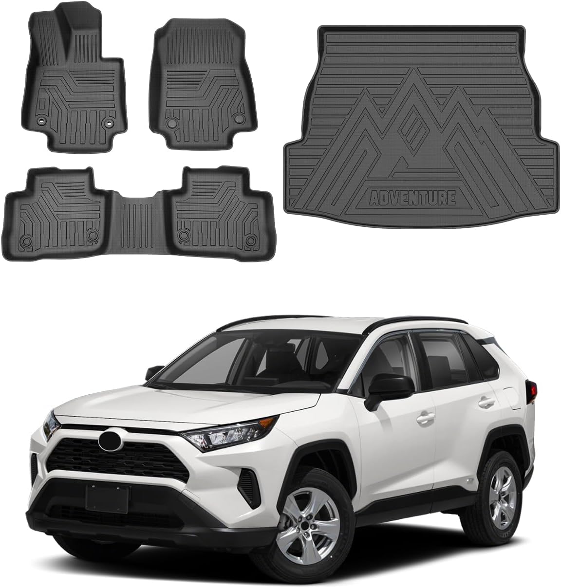 Powerty Floor Mats & Cargo Liner for 2019-2024 2025 Toyota RAV4 Accessories Floor Mats 2 Row Liner Set All Weather TPE 3D Floor Liners&Rear Cargo Mat