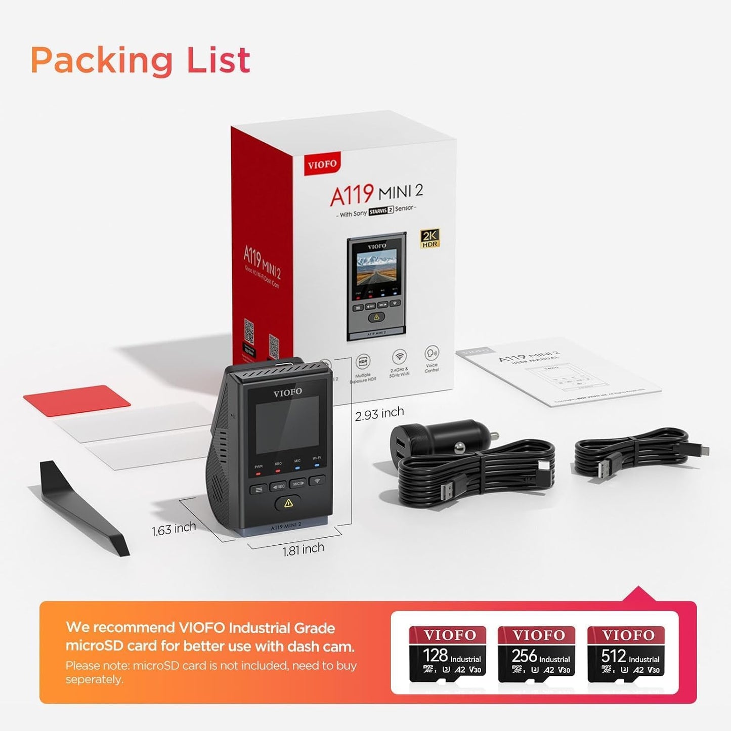 VIOFO Dash Cam A119 Mini 2, STARVIS 2 Sensor, 2K 60fps/HDR 30fps Voice Control Car Dash Camera with 5GHz Wi-Fi GPS, Night Vision 2.0, 24H Parking Mode, Supercapacitor, Support 512GB Max