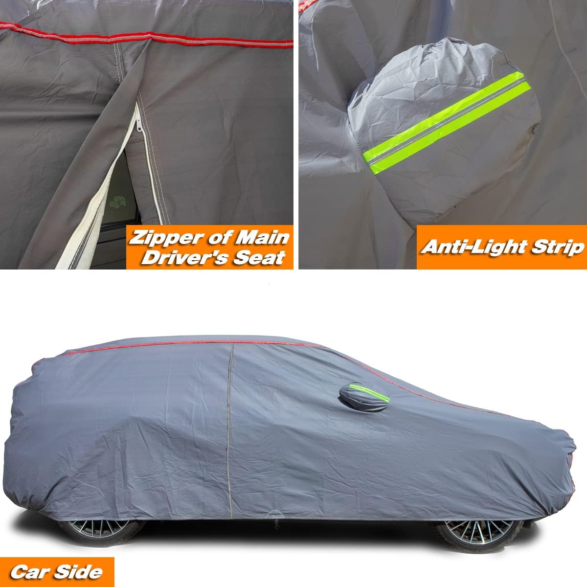 AUQDD 6-Layers PEVA New Material Sedan SUV Full Padded Car Cover Waterproof All Weather Weatherproof UV Sun Protection Snow Dust Storm Resistant Outdoor Exterior Custom Form-Fit Straps 188"-198" Grey