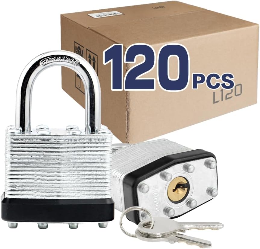 LanuBe Lock Laminated keyed padlock1-9/16 inch, keyed Alike Locks, Normal Shackle,Marked Black Plastic Hoop, Pack of 120