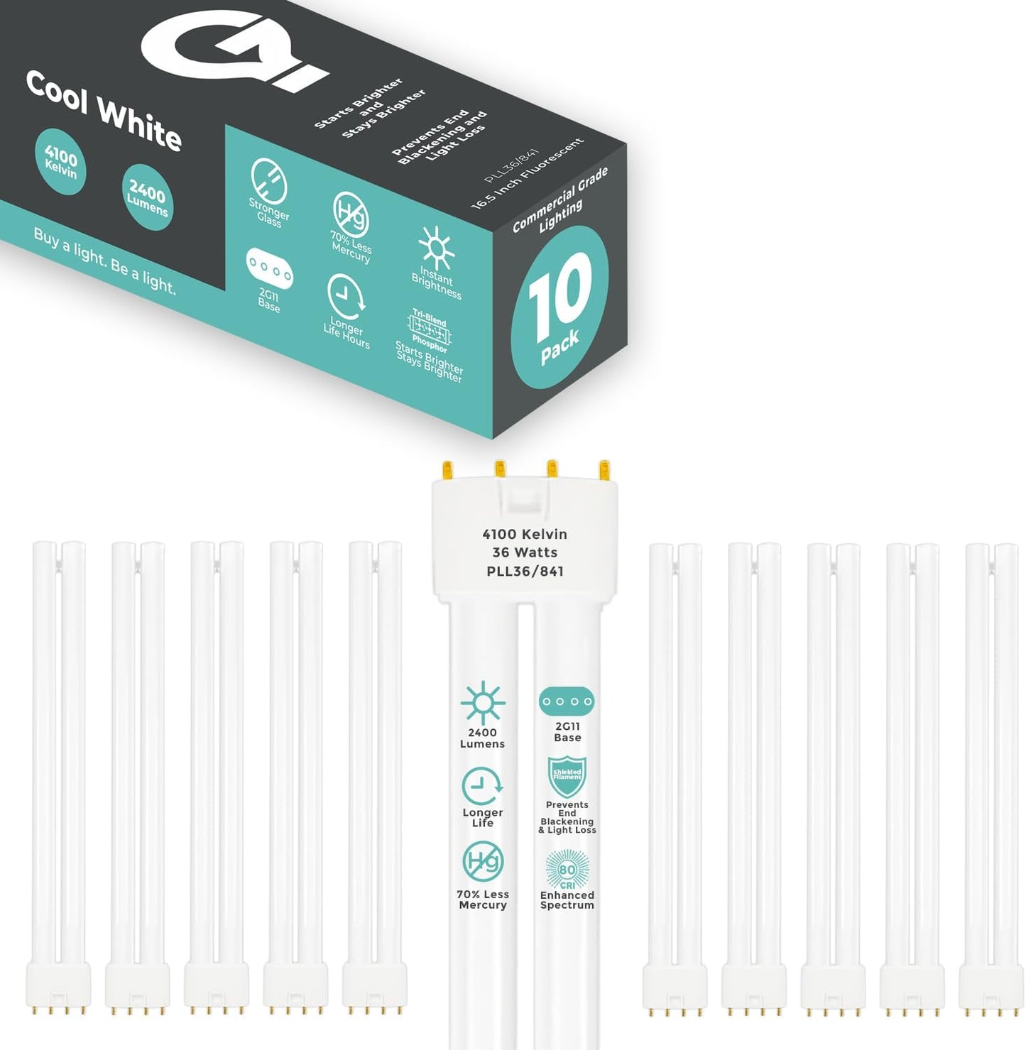 GoodBulb PLL36/841 36W 16.5" Twin Tube Compact Fluorescent Light Bulb 4-pin 2G11 Base 4100K Cool White 2400 Lumen 36000 Hour Long Life Biax Pack of 10