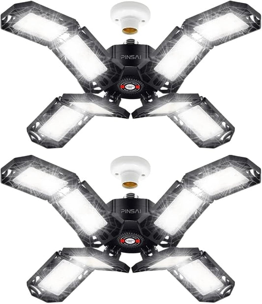 2 Pack LED Garage Light,Super Bright Screw in E26/E27 Ceiling Shop Work Lamp, 200W 20000 Lumen Deformable Basement Bulb Fixture with 8 Adjustable Panels