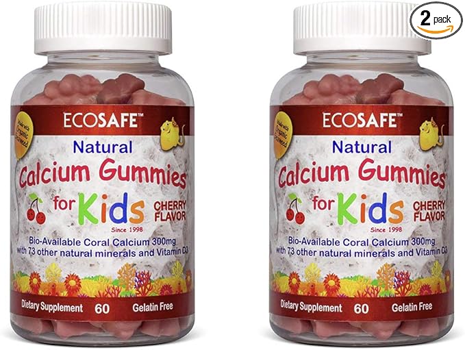 Coral Calcium Vitamin D3 Kids Gummy, Natural Cherry Flavor, Non GMO, Gluten-Free, Dairy-Free, Soy-Free and Gelatin Free - 300 mg of Calcium, and 800 IU of Vitamin D3-60 Gummies (1 Pack)