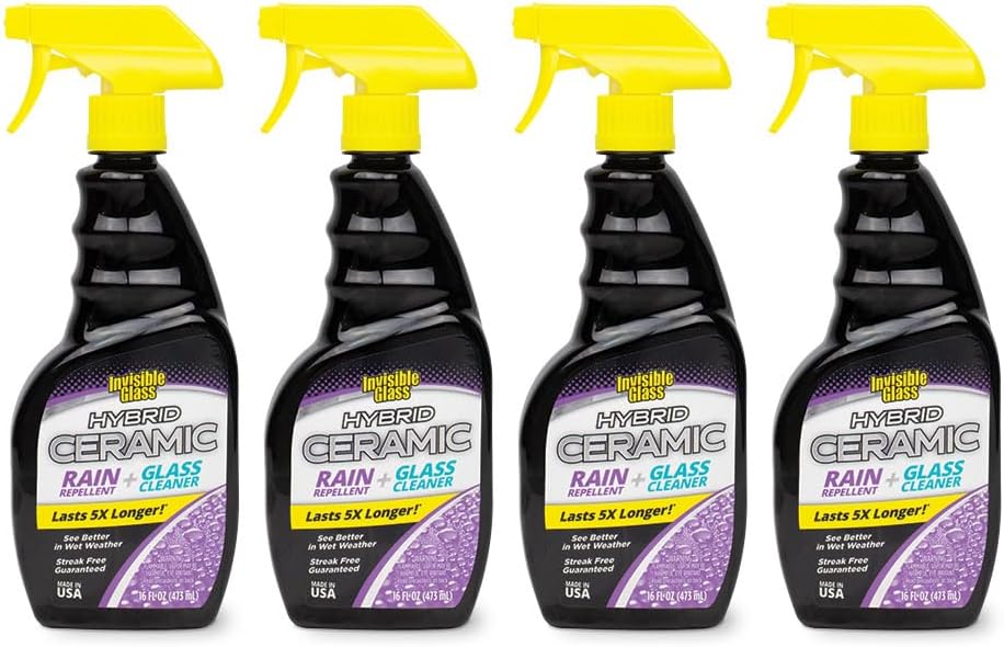 Invisible Glass 92183-4PK Hybrid Ceramic Rain Repellent and Glass Cleaner Cleans and Protects Car Windows and Windshields with Long-Lasting Water-Repellent Si02 Technology, 16 Fl Oz, Pack of 4