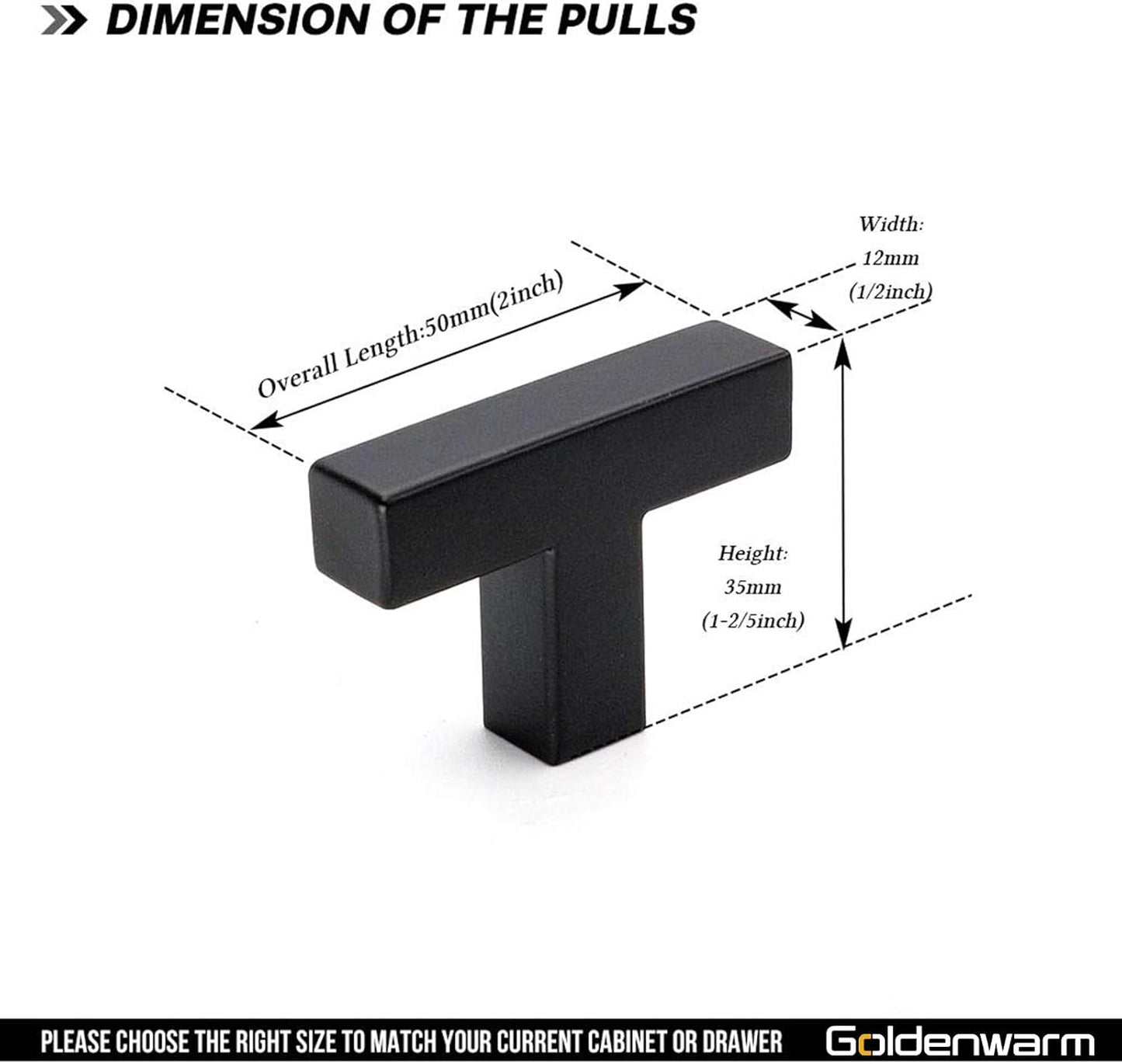 goldenwarm 10 Pack Black Cabinet Knobs T Bar - Kitchen Cabinet Handles Stainless Steel Cabinet Hardware Black Pulls for Bathroom Cabinets and Cupboard, 2in(50mm) Overall Length