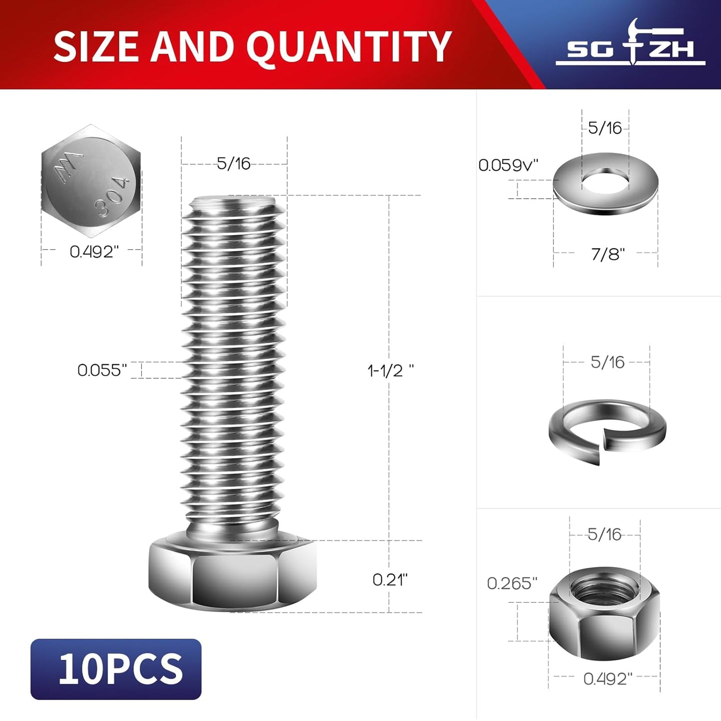 5/16-18 x 1-1/2" Hex Head Screw Bolt, Nuts, Flat & Lock Washers, 10Pcs 18-8 (304) Stainless Steel, Fully Threaded, by SG TZH