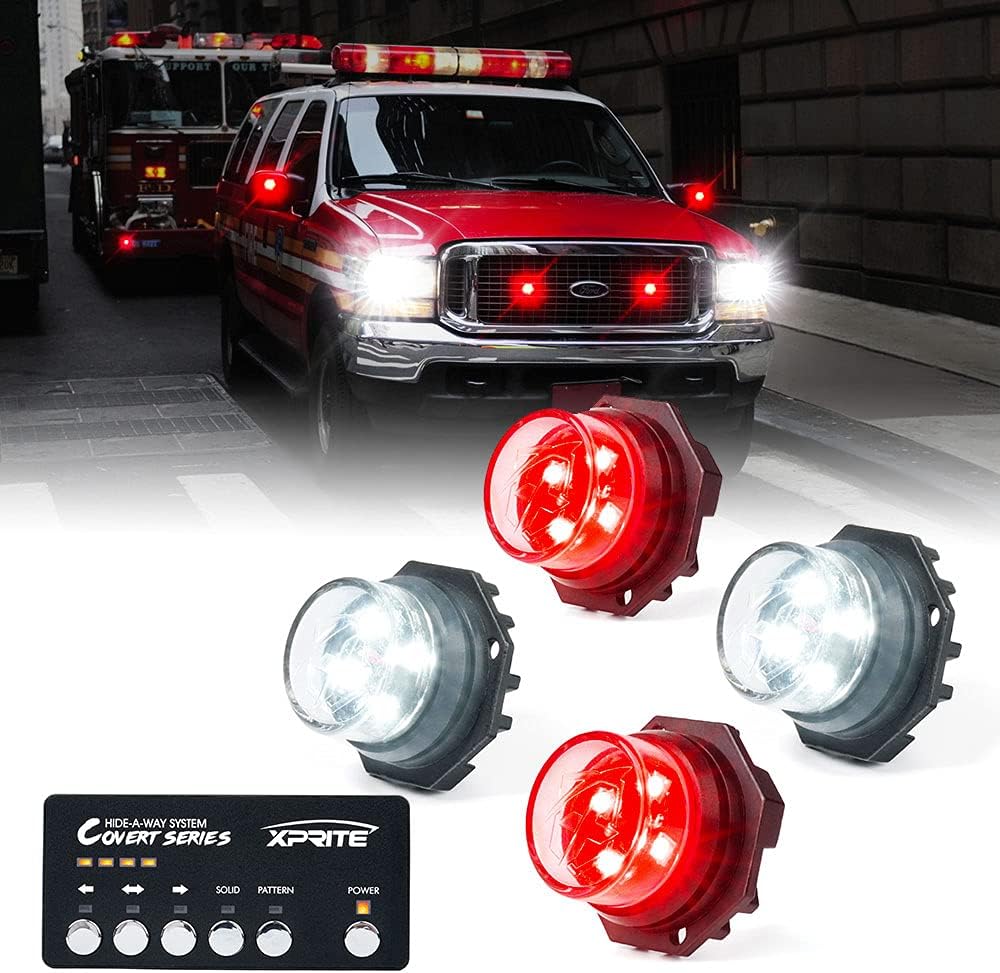 Xprite White Red LED Hideaway Strobe Lights Kit, 20 Flashing Patterns w/Control Panel Headlights Taillights Fog Light Interior Mounting, for Emergency Vehicles Firefighter Cars Trucks SUV 4PCS
