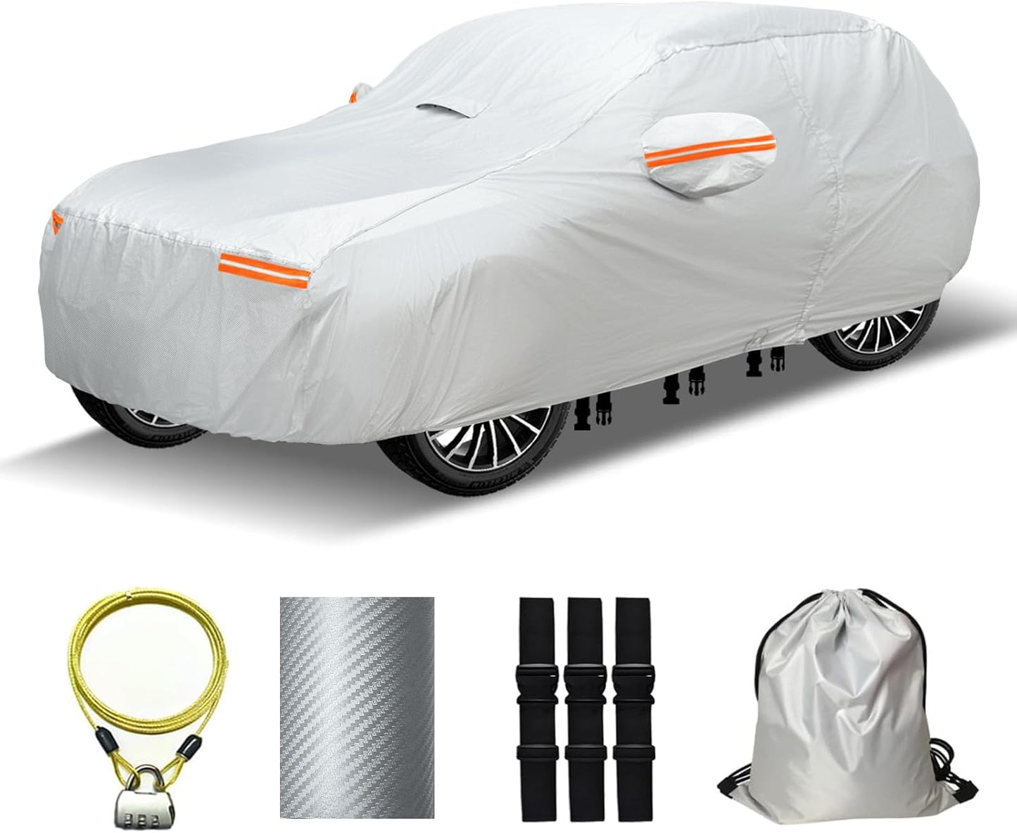 30 Layers SUV Car Cover for Automobiles All Weather Waterproof, Outdoor Snowproof UV Protection Windproof, Door Zipper, Soft Cotton, Heavy Duty Universal Car Covers, (Silver, Fit SUV 171"-180")