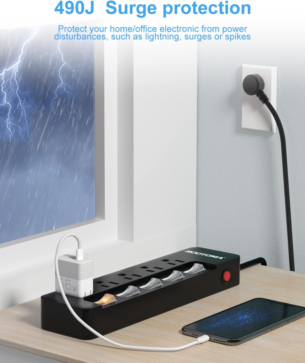 Black Appliance Extension Cord with Individual Switches on Off - 6 FT, 14 Gauge Heavy Duty Extension Cord with 5 AC Outlets, Wall Mountable, High Wattage for Microwave Workbench Garage Must Have, ETL