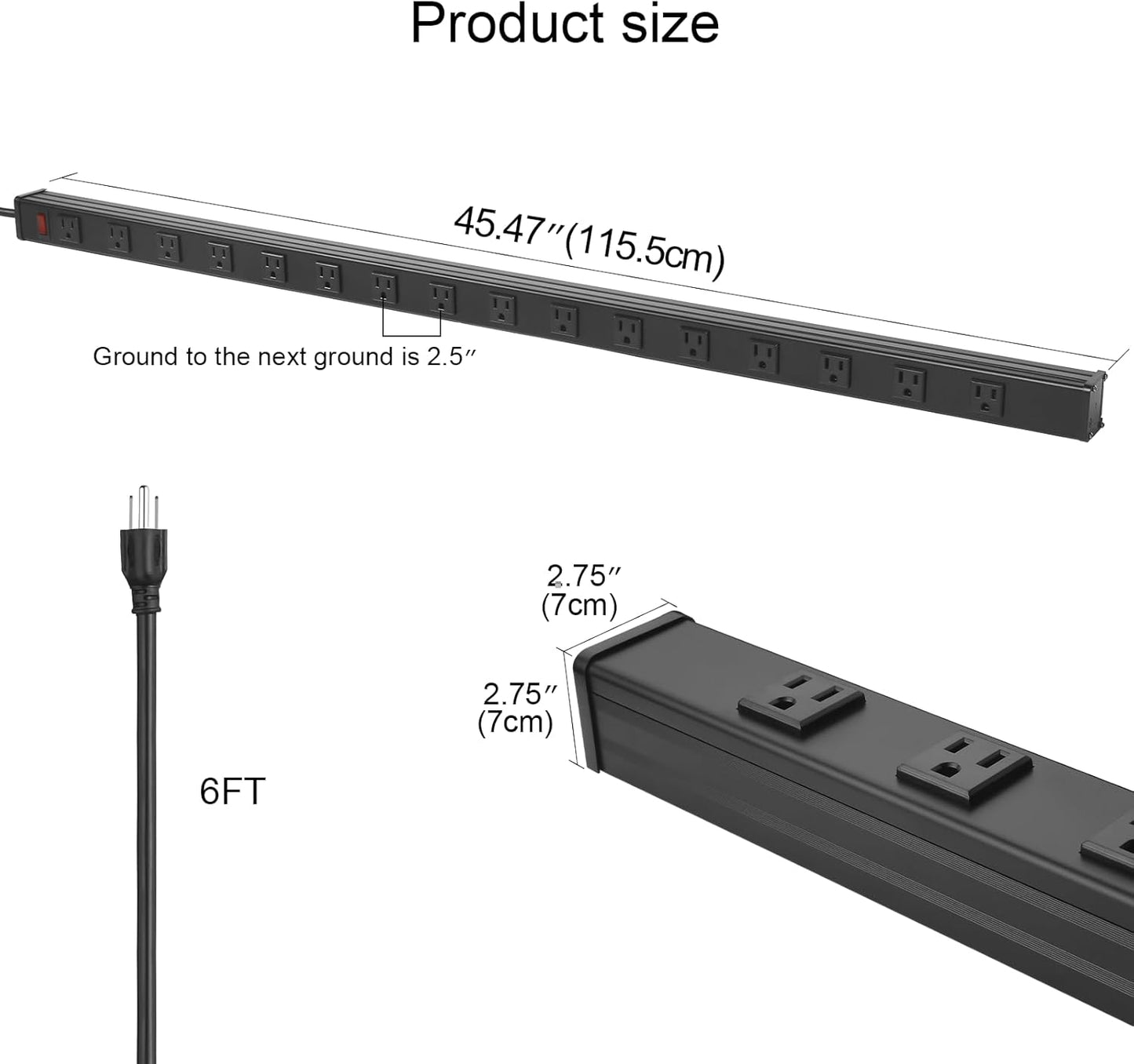 Long Heavy Duty 16 Outlet Large Metal Garage Workshop Multi Wide Industrial Power Strip. 6FT Cord 15A, 125V, 1875W (Black)