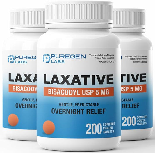 Puregen Labs Bisacodyl 5mg Tablet | Total 600 Count | Stimulant Laxative, Gentle and Fast Overnight Relief for Constipation