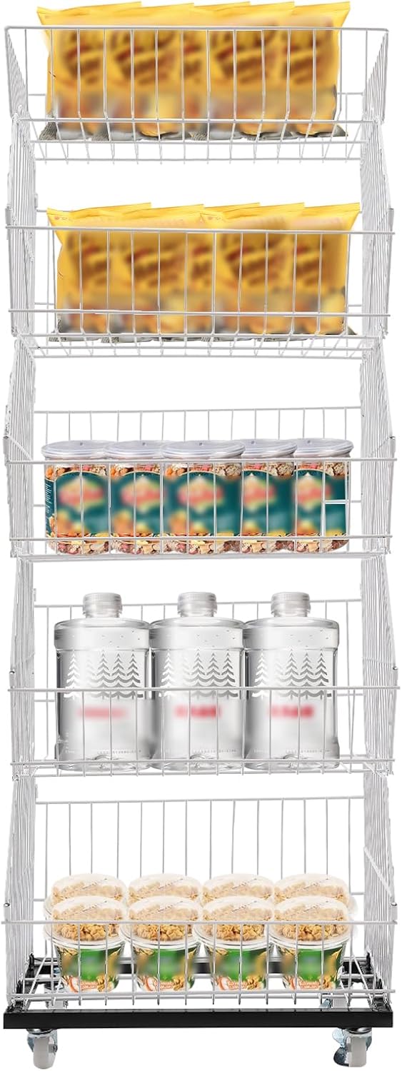 Retail Display Rack 5-Tier Market Merchandise Display Shelf Fruit Store Storage Shelf Vegetable Snack Basket Retail Store Supplies with Wheels for Home Store Market (18" D X 19" W X 55" H- White)
