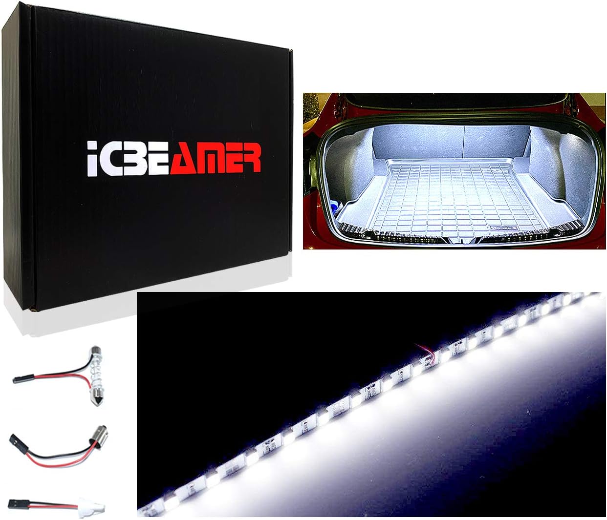 ICBEAMER Super White 12" inch 24-SMD-2835 Chips LED Strip Light Universal Fit for Car Trunk Cargo Area or Interior Illumination