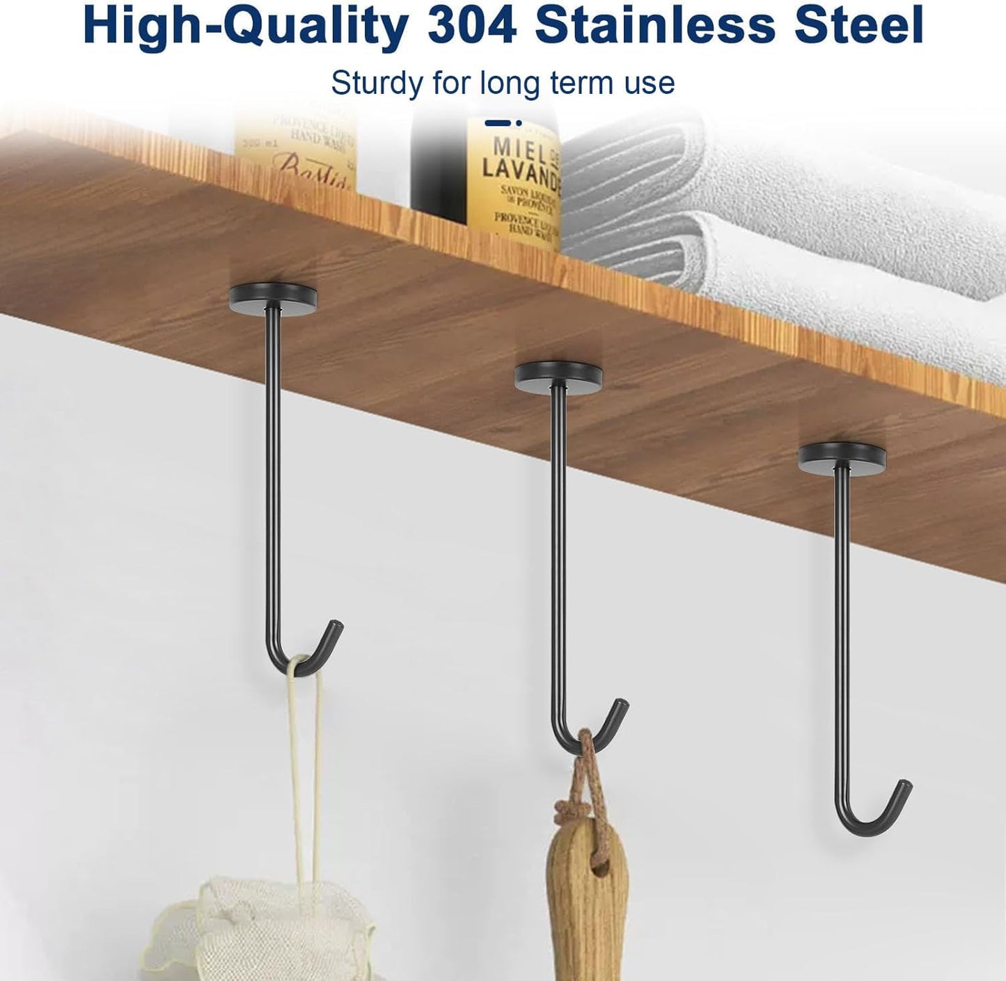 NearMoon Coat Hooks, Wall Hooks for Hanging Hat Hurse Robe, 304 Stainless Steel Heavy Duty Towel Hangers for Bathroom Livingroom Kitchen-Ceiling Hook, 6 Pack (8 Inch, Matte Black)