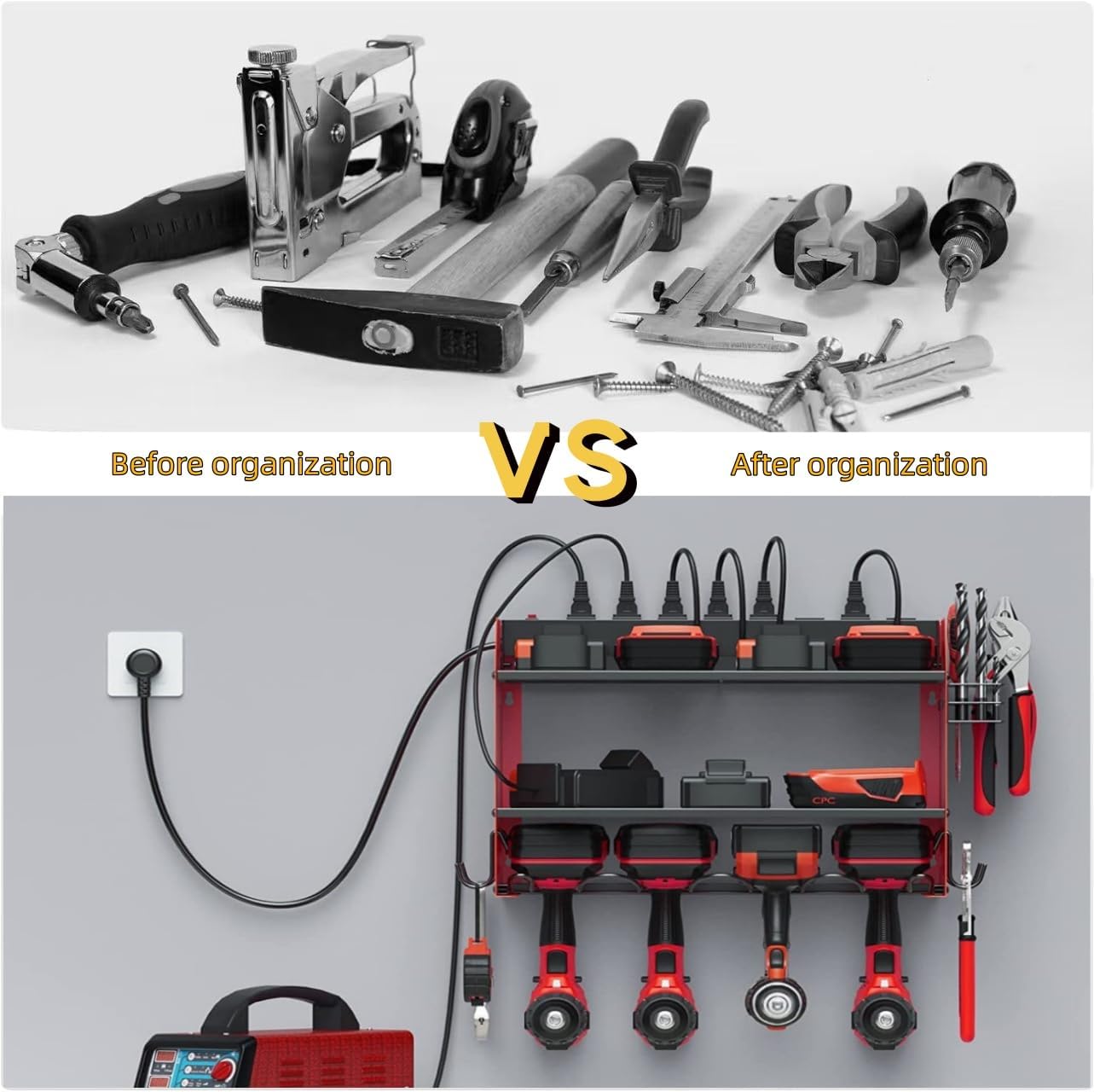 Power Tool Storage Rack, Garage Wall Mount Tool Rack, 4 Drill Bit Holders with Hooks, Screwdriver, Drill Bit Heavy Duty Holder, Tool Battery Holder, Built-in 8-Outlet Power Strip