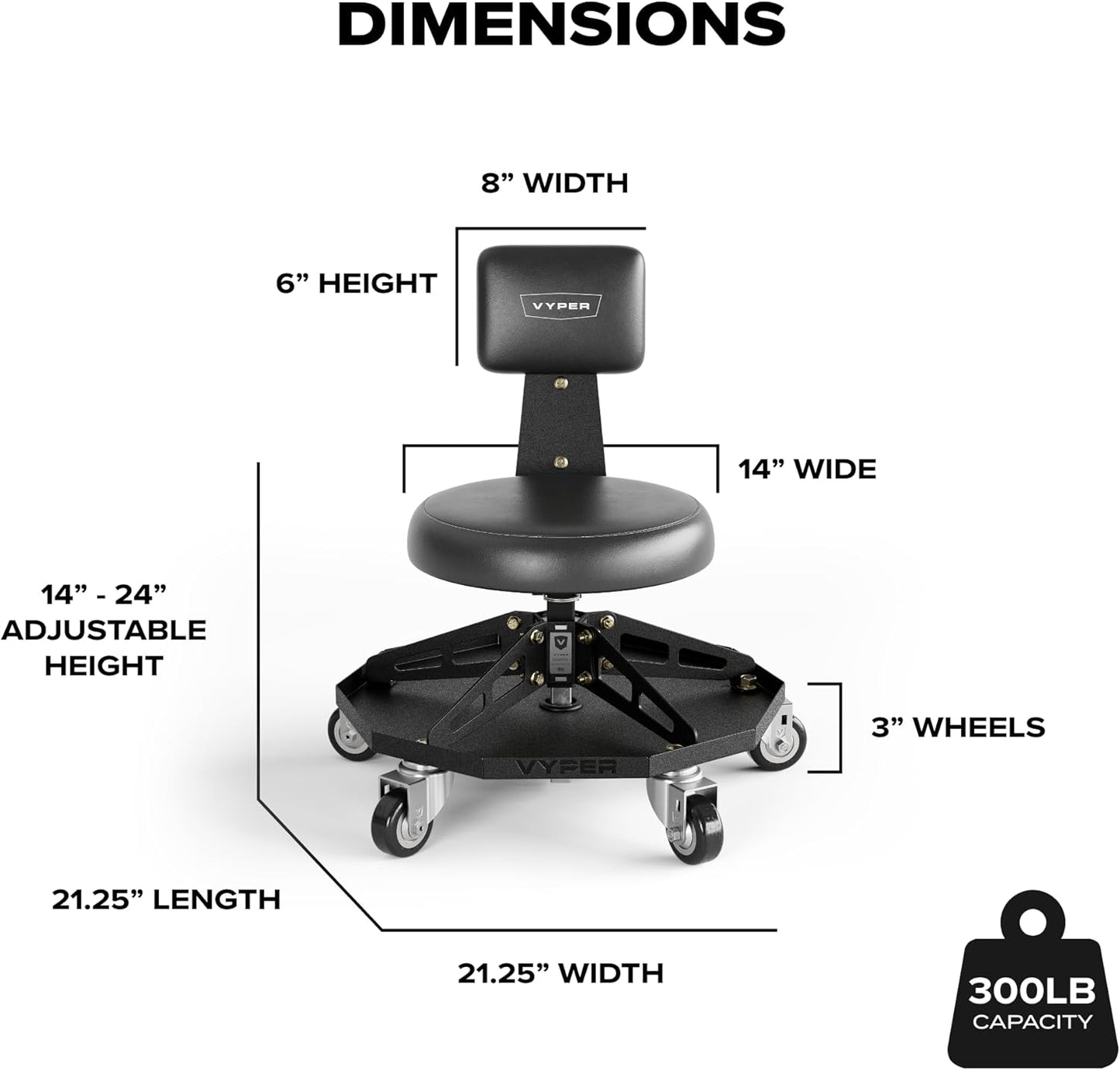 Vyper Robust Steel Sport Shop Chair for Mechanics, Automotive, DIY - 300 lb Capacity Garage Stool with Backrest & Large Wheels (Black Seat, Red Frame)