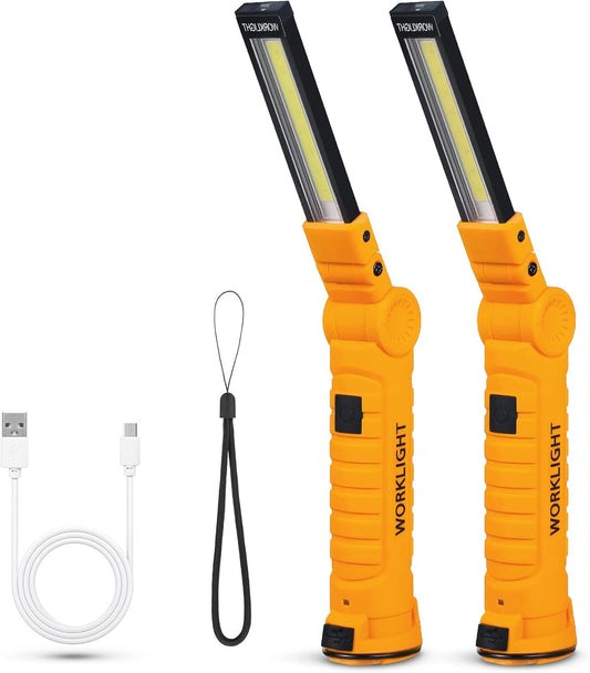 LED Worklight Flashlight, Suranew COB Rechargeable Work Lights with Magnetic Base 360 Degree Rotate and 5 Modes Portable Flood Light Inspection Construction Light for Car Repair (Yellow, 2 Pack)