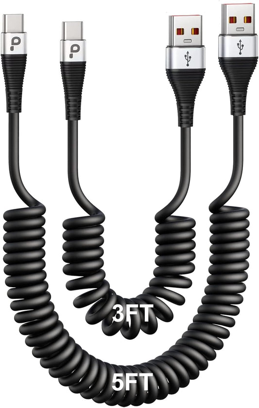 USB Type C Coiled Cable Fast Charging (3FT/5FT), 2Pack Android Auto Charging Cord for Car, Short USB A to USB C Charge Cable Compatible with iPhone 16/15/Pro Max/Samsung Galaxy S20 Note 10 and More