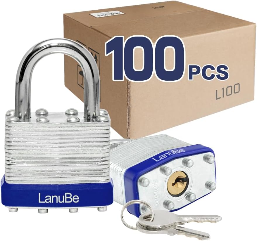 LanuBe Lock Laminated keyed Padlock (1-9/16", 40mm), keyed Alike Locks, Normal Shackle,Marked Blue Plastic Hoop, Pack of 100
