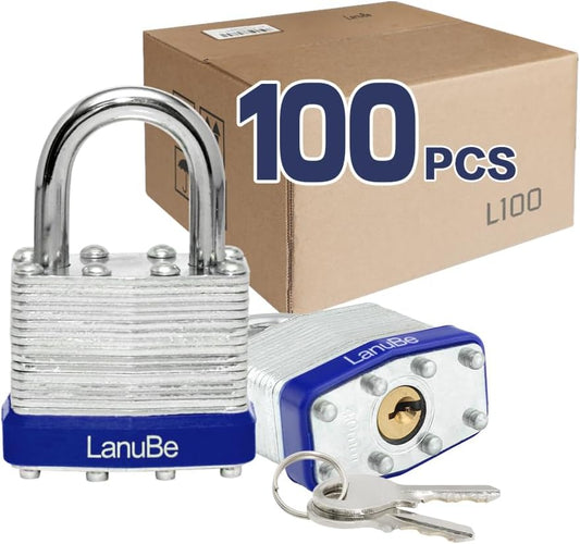 LanuBe Lock Laminated keyed Padlock (1-9/16", 40mm), keyed Alike Locks, Normal Shackle,Marked Blue Plastic Hoop, Pack of 100