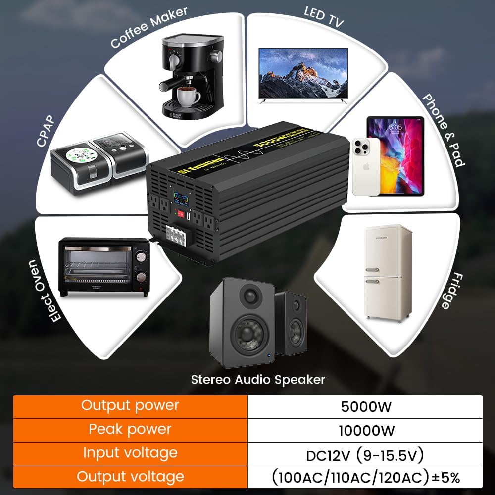 5000W/10000W(Peak) Pure Sine Wave Car Power Inverter 12V DC to 120V AC 60HZ with LCD Display, USB Port, Wireless Remote Control（10M) for Car Home Laptop Truck