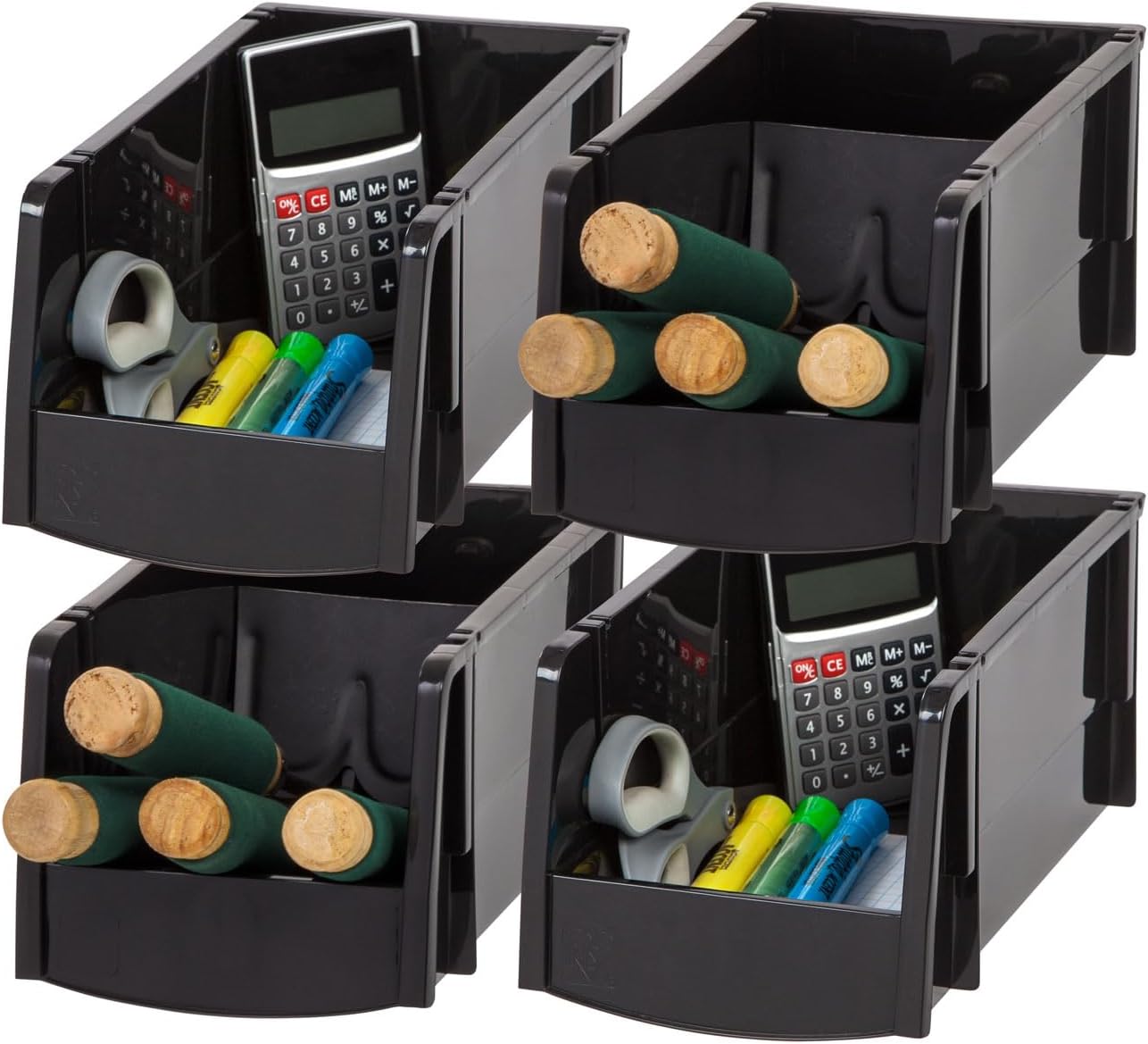 IRIS USA Stackable Bins, 11 x 6 x 5 inch, Plastic Hanging Open Front Shelf Bin Storage Organizer for Hardware, Craft Supplies, Small Parts, Nuts and Bolts, Garage Organization, 4 Pack- Medium, Black