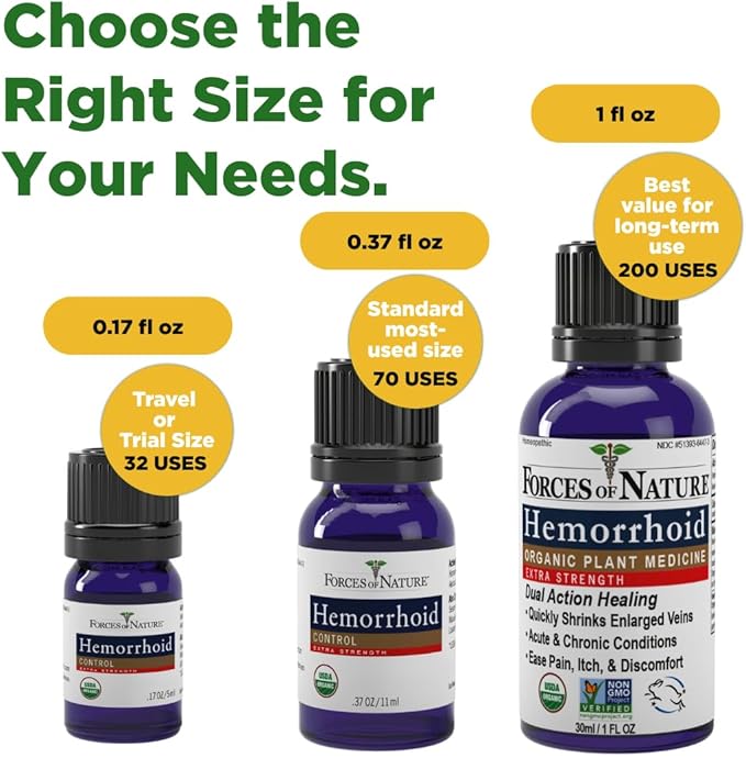 Forces of Nature Hemorrhoid Treatment, Extra Strength 0.37 Fl Oz, Organic Homeopathic Medicine & Essential Oils, Hemorrhoid Relief for Pain, Itching, Swelling, Soreness & Discomfort
