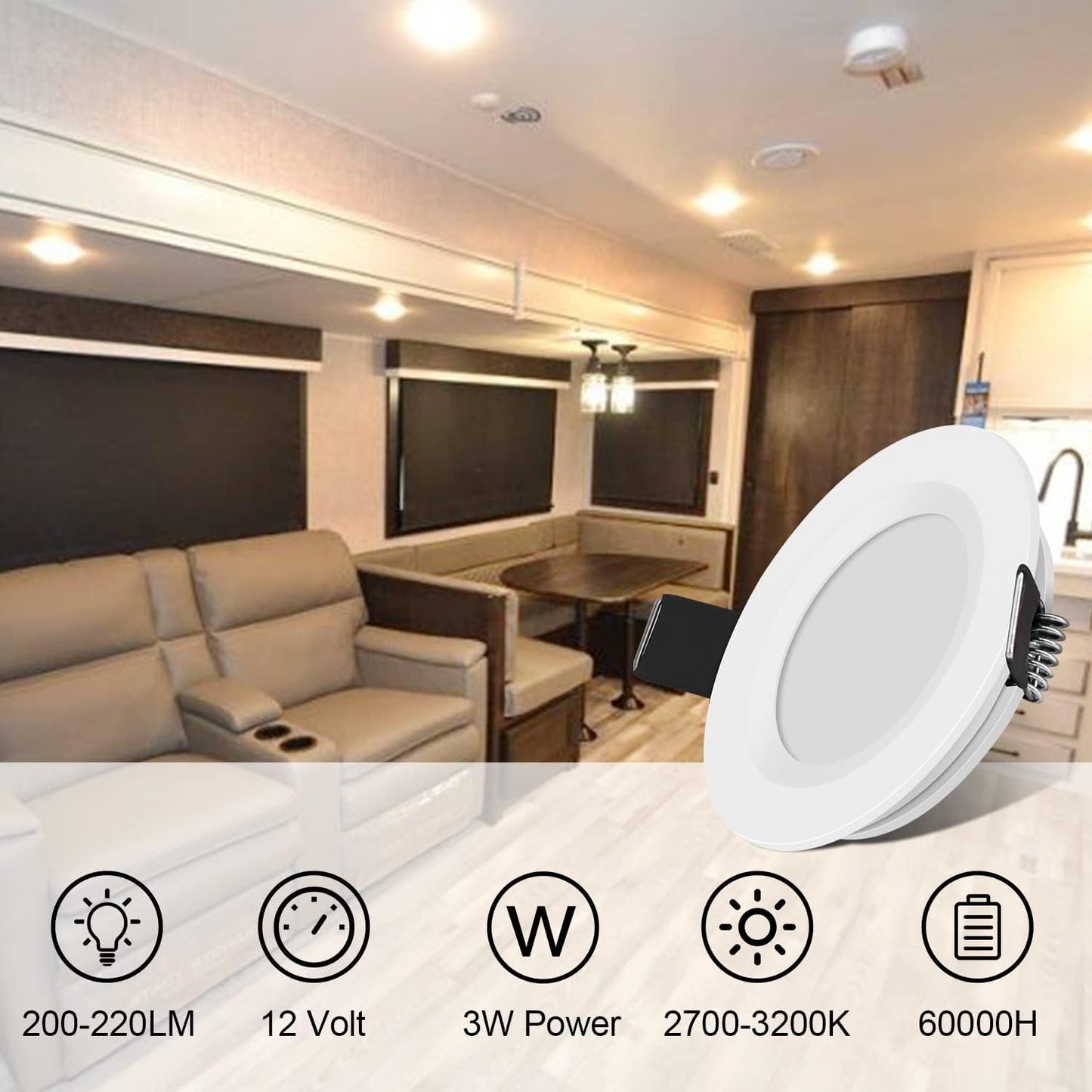 RV Boat Recessed Ceiling Light 6 Pack 12V LED Puck Light with Hole Puncher DC 12V 3W Full Aluminum Downlights for Under Cabinet Camper Vans RV Interior Lighting,2700-3200K