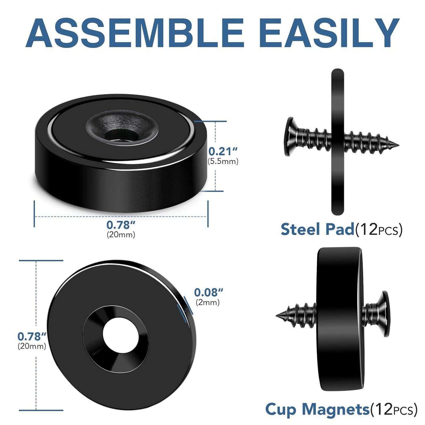 MIKEDE Strong Magnets Heavy Duty, 40LB Strong Rare Earth Magnets, Black Neodymium Cup Magnet with Countersunk Hole and Steel Screws, Powerful Pot for Wall Mounting,Workplace - 10 Pack