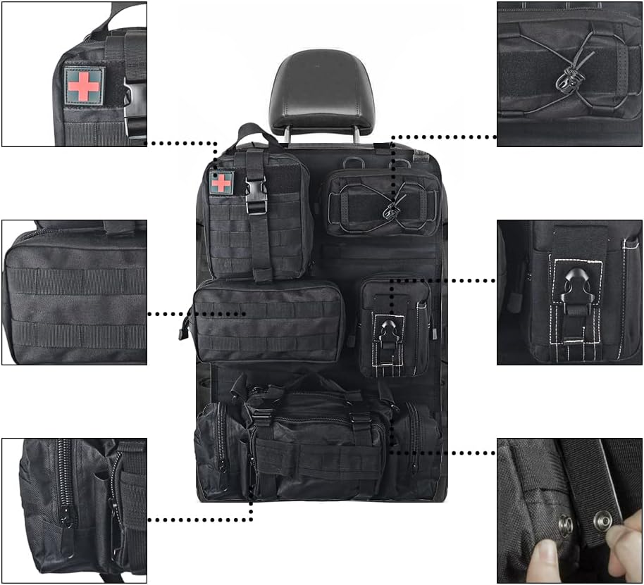 Universal Tactical Seat Back Organizer Vehicle Molle Panel Organizer Storage Bag with 5 Detachable Molle Pouch for All Vehicel Such as Jeep,Truck,SUV, Car, Ford,Chevy etc