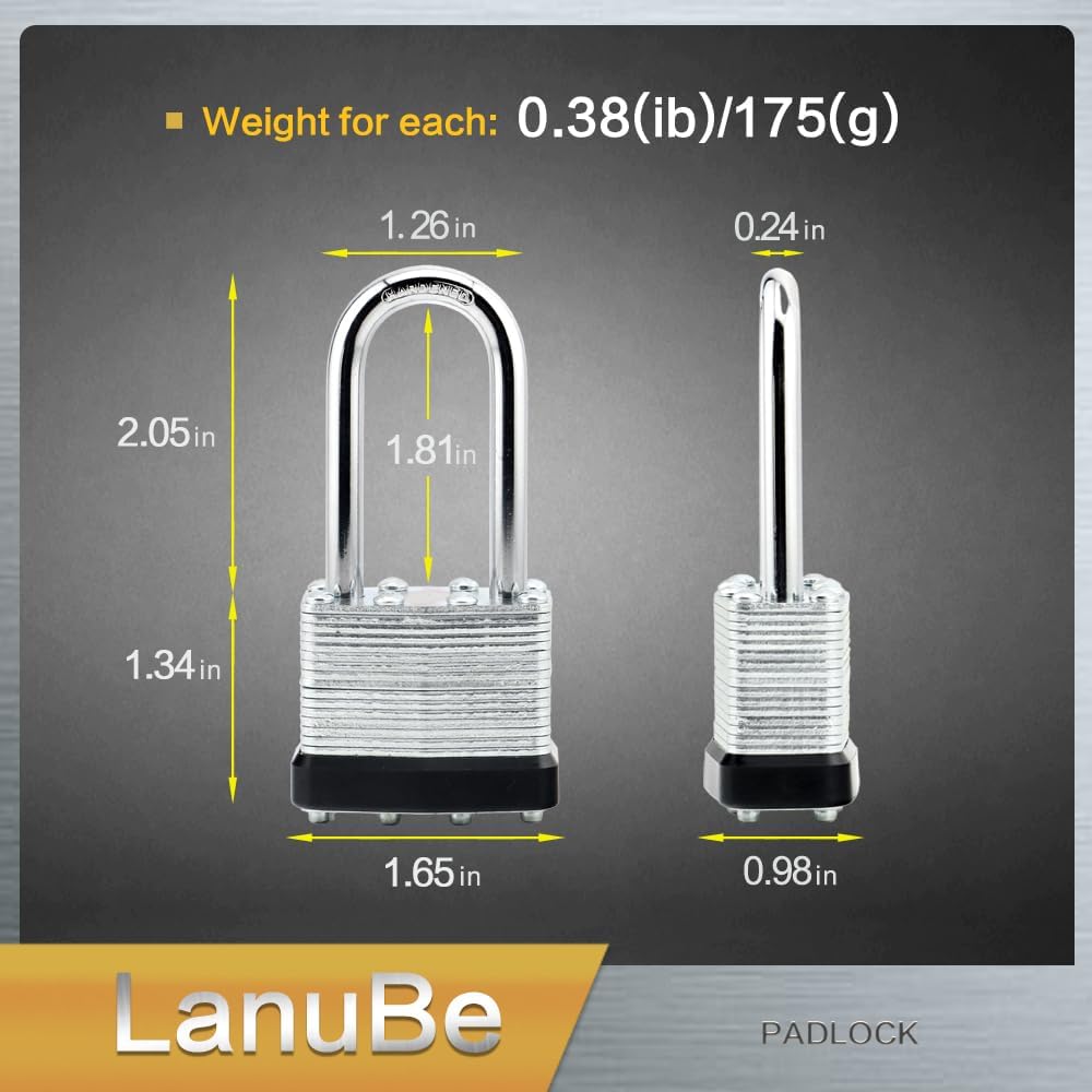 LanuBe Lock Laminated keyed Padlock (1-9/16", 40mm), keyed Alike Locks, Long Shackle,Marked Black Plastic Hoop, Pack of 24