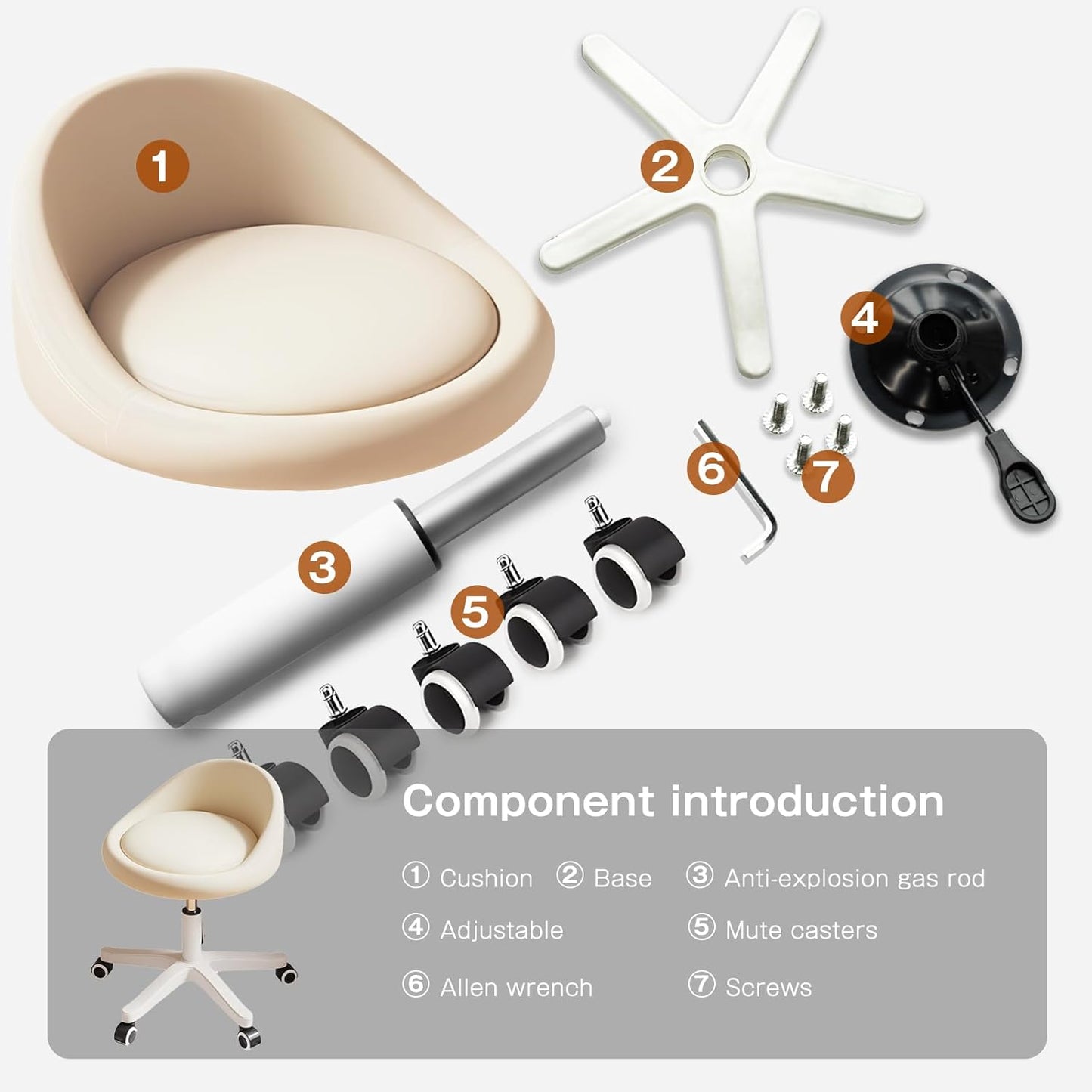 Rolling Stool Set of 4 Rolling Hydraulic Salon Stool with Low Backrest - Adjustable Swivel Chair for SPA, Shop, Salon, Massage, or Medical Office Beige