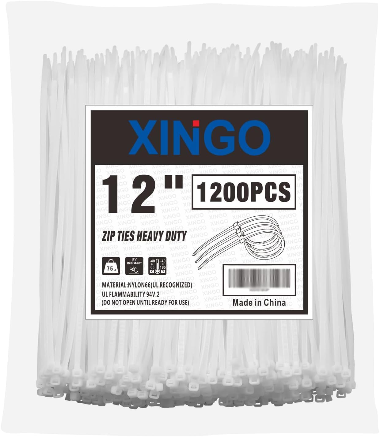 XINGO 12 Inch White Zip Ties(1200 Pack), 75 LBS Ultra Strong Tensile Strength, UV Resistant Cable Ties, Self-locking Plastic Ties for Indoor and Outdoor Use