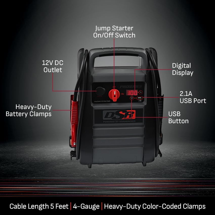 Schumacher Electric DSR ProSeries Car Battery Jump Starter - 2200 Peak Amp 12V Car Starter, Jump Box & Portable Power Station - Digital Display, Heavy-Duty Clamps - DSR165