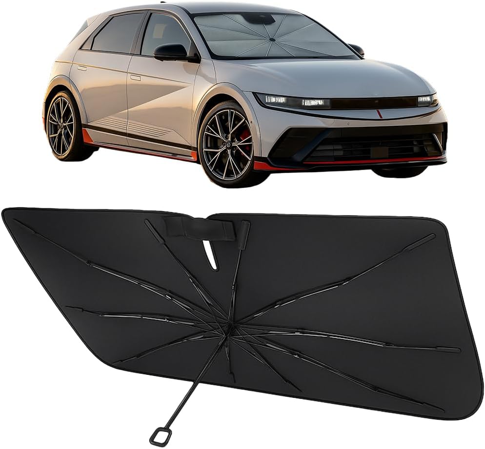Proadsy Windshield Sun Shade Umbrella for Hyundai Ioniq 5 2022-2025 2026 Foldable Car Umbrella Sunshade with Soft TPU Handle Spring Structure Crystal Cooling Material Protect Car from Rays & Heat
