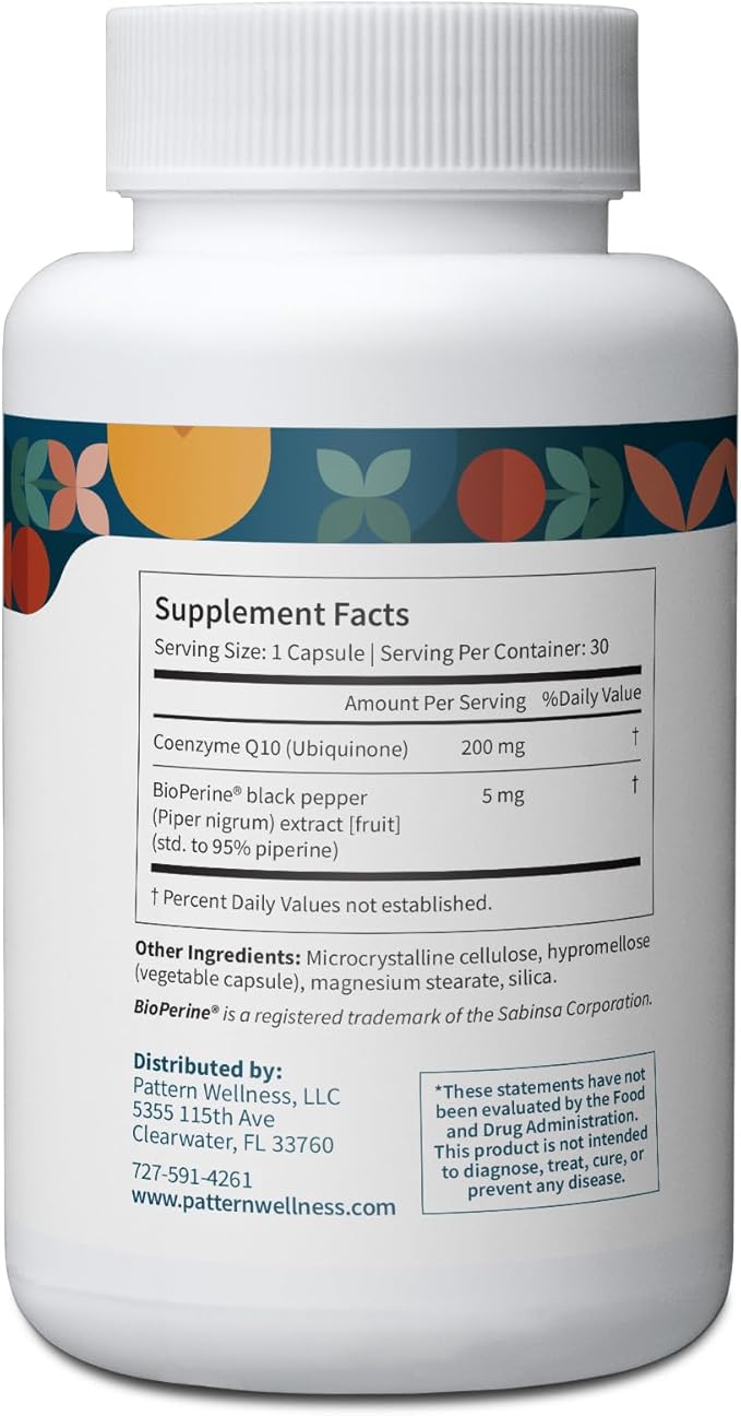 Pattern Wellness CoQ10-200mg Ubiquinone with Bioperine Black Pepper Extract - Cardiovascular & Cellular Energy Production Support - Non-GMO - 90 Vegan Capsules