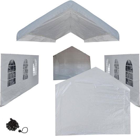 10x20 White Canopy Carport Cover Set with Valanced Top All 4-Side Walls and Top (5 Pcs Tarps Set, No Frame) Triple Side Windows