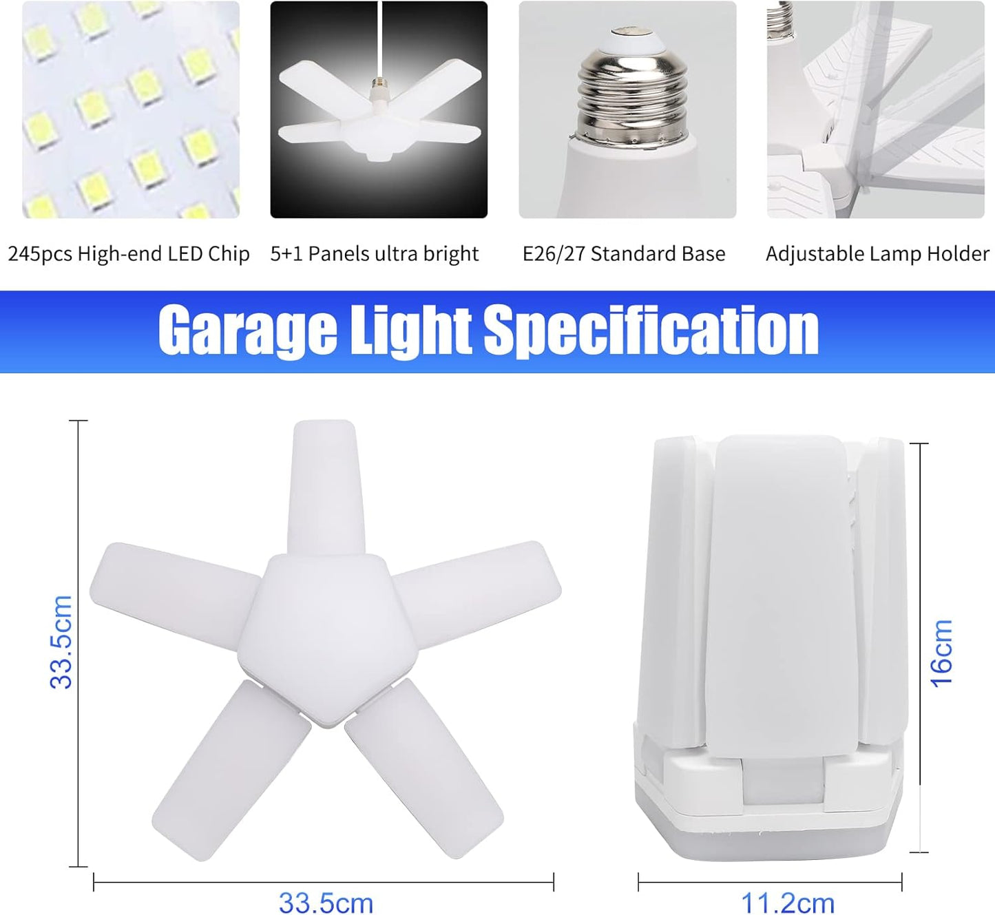 LED Garage Lights 2 Pack, 100W 10000LM 6500K E26/E27 Ceiling Light with 5 Adjustable Panels for Workshop, Basement, Warehouse