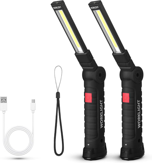 Suranew LED Worklight Flashlight, COB Rechargeable Work Lights with Magnetic Base 360 Degree Rotate and 5 Modes Portable Flood Light Inspection Construction Light for Car Repair (Black Green, 2 Pack)