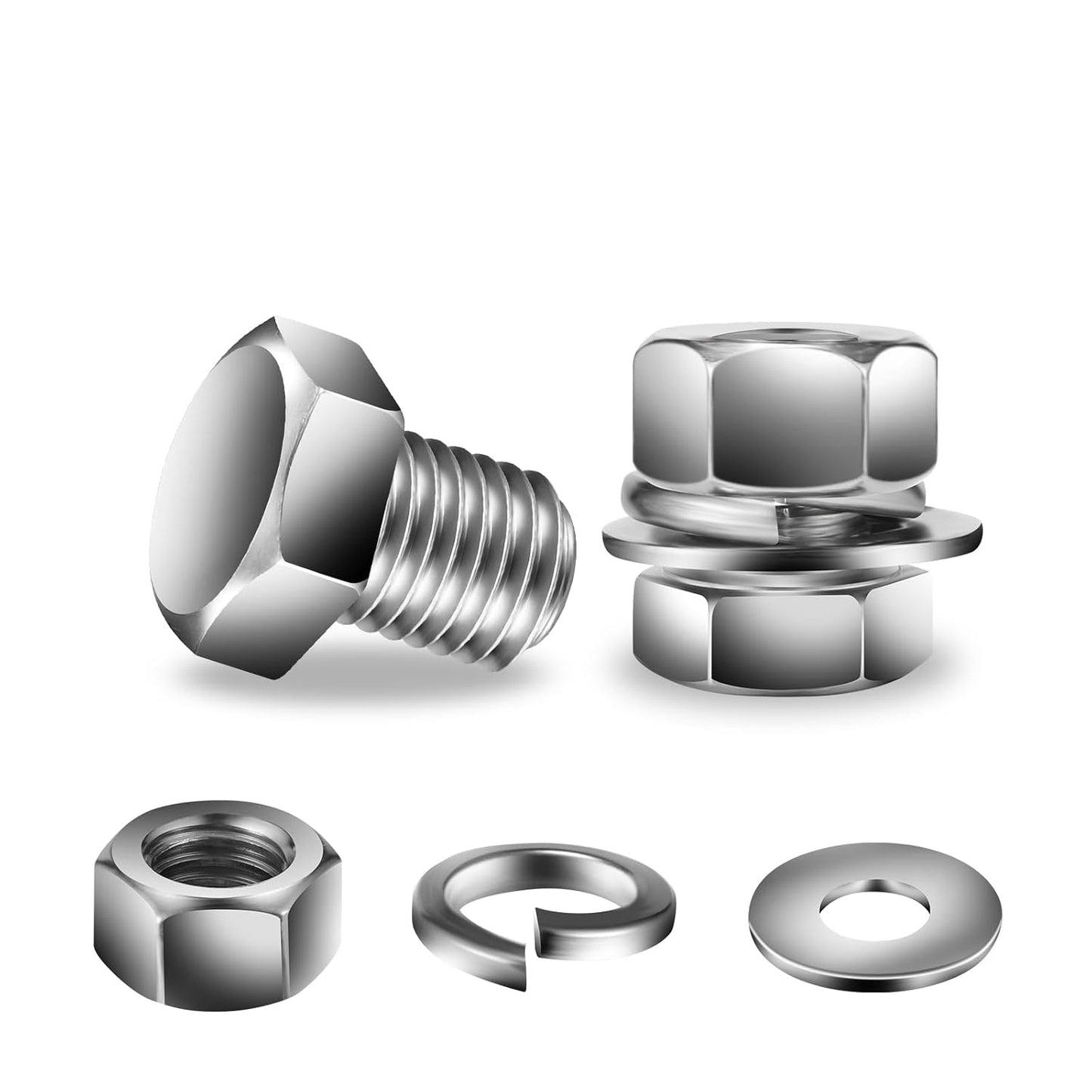 5/16-18 x 1/2" Hex Head Screw Bolt, Nuts, Flat & Lock Washers, 20Pcs 18-8 (304) Stainless Steel, Fully Threaded, by SG TZH