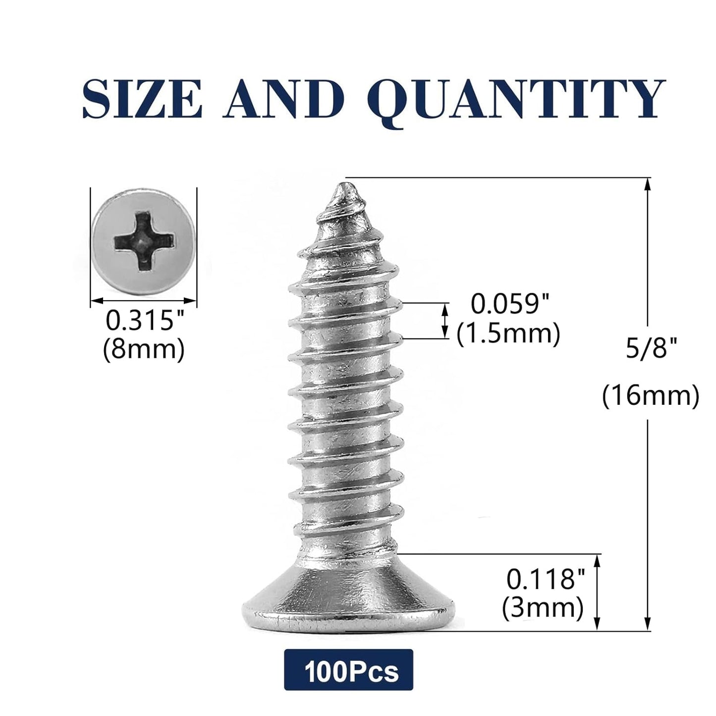 #8 x 5/8" Wood Screw 100Pcs 18-8 (304) Stainless Steel Screws Flat Head Phillips Fast Self Tapping Drywall Screws by SG TZH